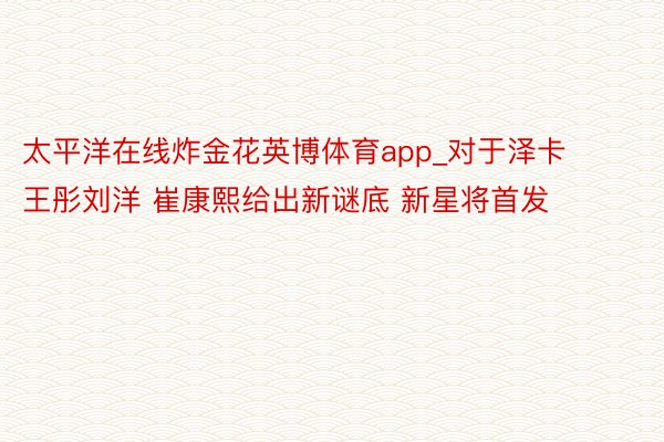 太平洋在线炸金花英博体育app_对于泽卡王彤刘洋 崔康熙给出新谜底 新星将首发